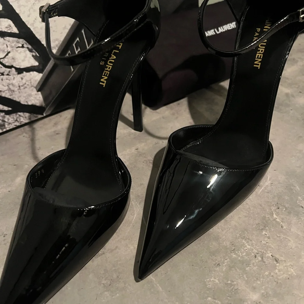 Saint Laurent Black Patent Leather Pointed-Toe Ankle-Strap Heels - Picture 6 of 6